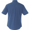 A men's short sleeve button-up shirt in a solid blue colour, featuring a back yoke and collar, with a logo.