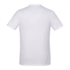 A white short sleeve T-shirt with a simple design and a logo.