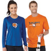 A blue long sleeve shirt and an orange short sleeve tee, both featuring a logo design, displayed on a male and female model.