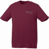 A maroon short sleeve tech tee featuring a logo on the upper left side.