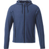 A blue men's knit jacket with a hood, featuring zippered pockets and a branded logo.
