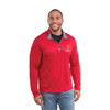 A red quarter zip track jacket for men with a grey collar and logo on the chest.