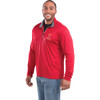 A red men's quarter zip track jacket featuring a grey collar and a logo on the front.