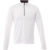A white quarter zip track jacket for men, featuring a black collar and a branding logo.