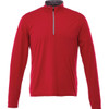 A red quarter zip jacket for men with long sleeves and a grey collar. It features a branding logo.