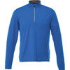 A blue men's quarter zip track jacket featuring long sleeves and a stand-up collar, with a branding logo.