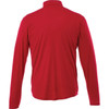 A red men's track jacket with a quarter zip and long sleeves, featuring a logo on the back.