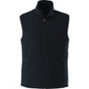 A men's polyfleece vest in dark green, featuring a full zip and two front pockets. Includes a logo on the garment.