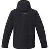 A black fleece-lined men's jacket featuring a hood and a reflective strip on the back. Includes a logo.