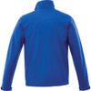 A blue men's softshell jacket with long sleeves and a high collar, featuring a logo on the back.