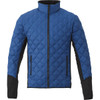 A blue insulated jacket featuring a quilted design and black sleeves, with zippered side pockets and a high collar.