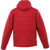 A red puffer jacket for men, featuring a hood and quilted design, with a branding logo visible.