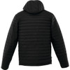 A black puffer jacket with a hood, featuring a quilted design and a logo on the back.