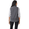 A grey women's softshell vest with a logo on the back, featuring a collared design and long sleeves underneath.