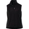 A women's black Stinson Softshell vest with a zippered front and an upright collar, featuring a logo.