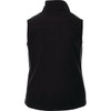 A women's softshell vest in black, featuring a high collar and a logo on the back.