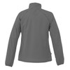 A grey women's packable rain jacket featuring a high collar and long sleeves, with a logo on the back.