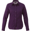 A purple long sleeve button-up shirt for women, featuring a collar and a branding logo.