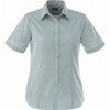 A light green women's short sleeve button-up shirt with a classic collar and a logo on the chest.