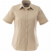 A beige women's button-up shirt with short sleeves and a collar, featuring a logo.