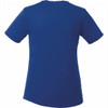A women's short sleeve tech tee in a solid blue colour, featuring a logo on the side.
