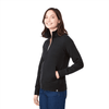A women's black polar fleece full zip jacket with a high collar and a logo on the side.