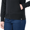 A black polar fleece jacket featuring a full zip and side pockets, worn by a person in blue jeans.
