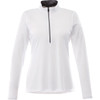 A women's half zip jacket in white with a black collar and a subtle logo. Ideal for various outdoor activities.