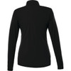 A women's black half-zip jacket featuring long sleeves and a simple design, includes a logo.
