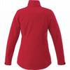 A red women's softshell jacket featuring a high collar and a simple design, with a logo on the back.