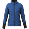 A blue and black women's insulated jacket featuring a quilted design and zippered pockets, with a logo present.