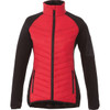 A women's hybrid insulated jacket featuring a red front and black sleeves, with zippered pockets and a logo.