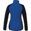 A women's hybrid insulated jacket in blue and black, featuring a fitted design and a logo.