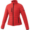 A red women's puffer jacket with a zip front and two side pockets, featuring a logo on the sleeve.