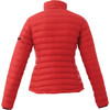 A red puffer jacket with a fitted design and a logo on the arm. The back features quilted detailing.
