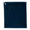 A dark blue terry golf towel, measuring 15" x 18", featuring a grommet for easy attachment.