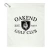 A white terry golf towel featuring a black logo with the text "Oakend Golf Club" and an established date of 1972.