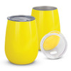 A drink bottle in vibrant yellow with a stainless steel interior and a clear lid, featuring a logo.