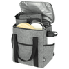 A drink bottle cooler bag in grey felt with black straps, featuring space for plates and utensils inside.