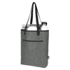 A grey recycled felt cooler tote bag contains a drink bottle, a towel, and features a pocket and black handles.