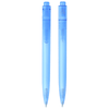 Two translucent blue ballpoint pens, featuring a simple design and a logo on one pen.