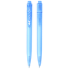 A blue ballpoint pen with a transparent barrel and a visible pen tip. Features a logo on the barrel.