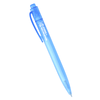 A blue ballpoint pen with a clip and transparent barrel, featuring a logo on the side.