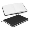 An unlined black notebook with an elastic closure and ribbon bookmark, featuring blank pages inside.