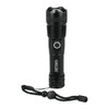 A black LED flashlight with a textured grip and a lanyard attachment, featuring a logo on the side.