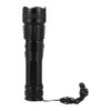 A black LED flashlight with textured grip and a lanyard attachment. It has a sleek, cylindrical design.