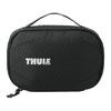 A black toiletry bag featuring a sturdy design, a handle, and a logo.