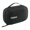 A black toiletry bag with a handle and branding, featuring a zip closure and textured surface.