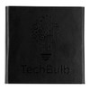 A black notebook with an embossed design of a light bulb and gears, featuring the brand name TechBulb.
