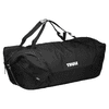 A black duffle bag with a mid blue accent and a logo. It features dual handles and a zippered closure.
